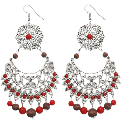 Red Brown Wooden Beaded Filigree Earrings