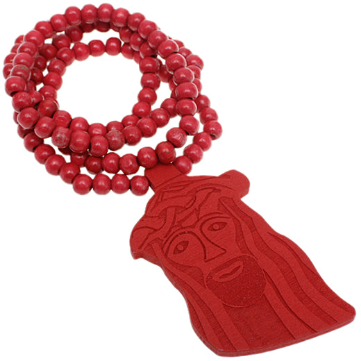 Red Wooden Beaded Jesus Piece Necklace