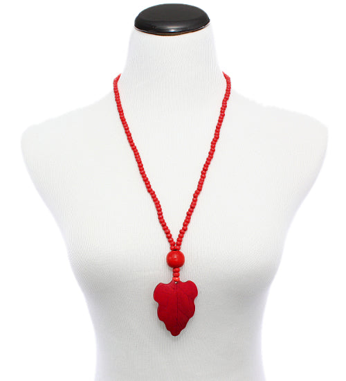 Red Wooden Beaded Leaf Charm Necklace