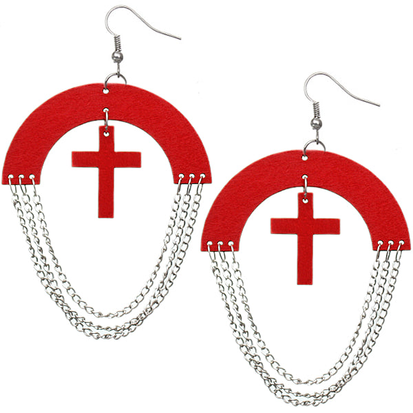 Red Wooden Chain Link Cross Earrings