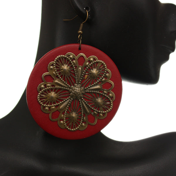 Dark Red Wooden Round Antique Filigree Earrings