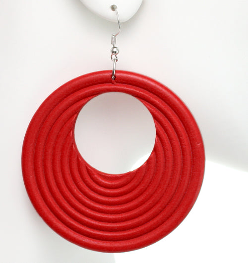 Red Wooden Circular Roll Texture Dangle Earrings