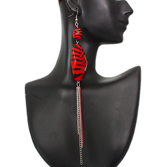 Red Zebra Stripe Drop Chain Earrings