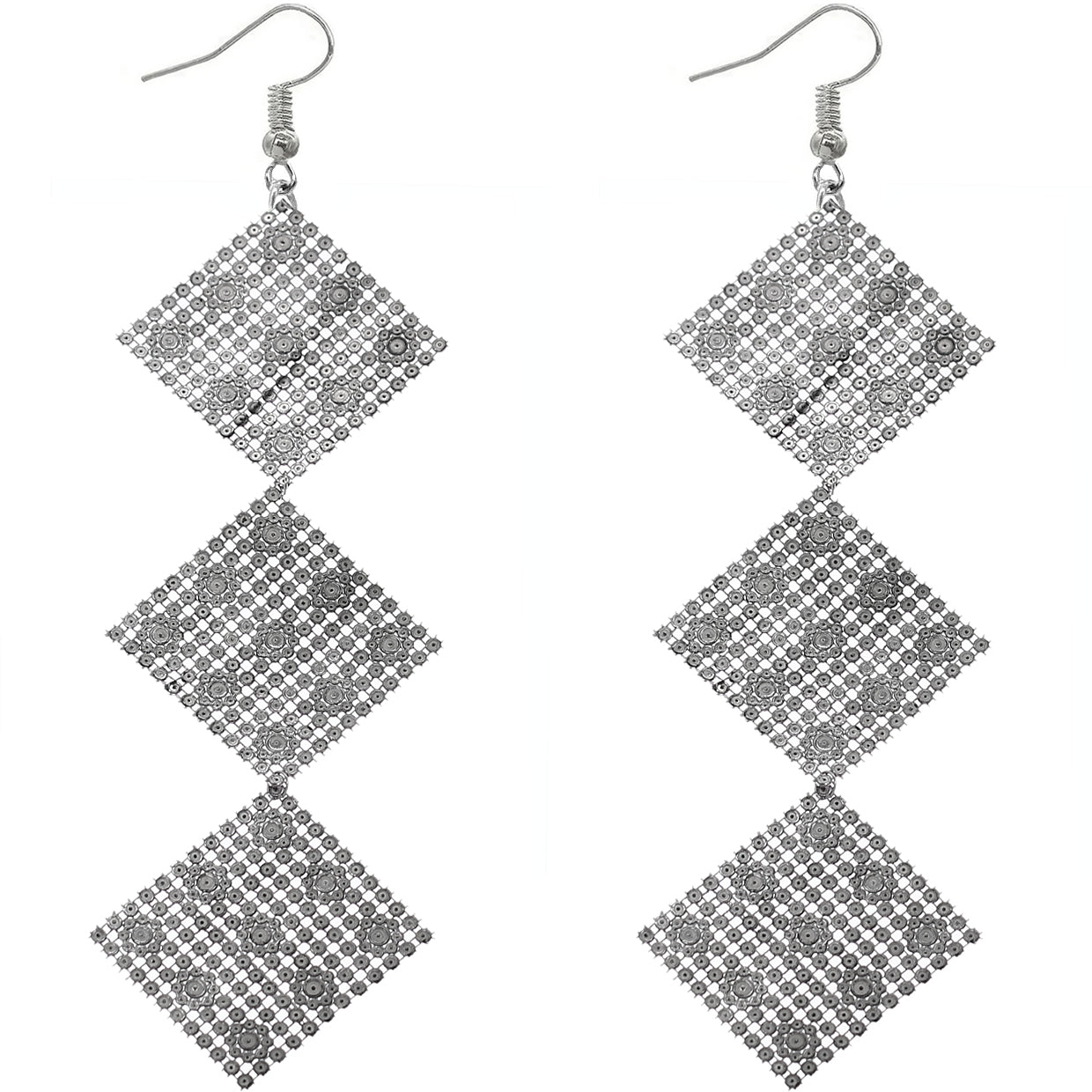 Red Rhinestone Long Mesh Flat Earrings