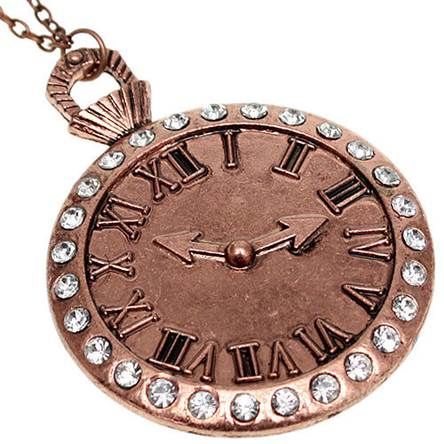 Rose Gold Roman Numeral Chain Clock Charm Necklace