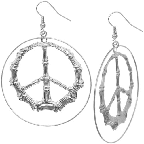 Silver Bamboo Peace Hoop Earrings