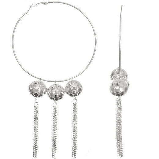 Silver Large Beaded Drop Chain Hoop Earrings