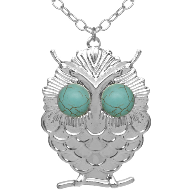 Silver Beaded Eyes Owl Pendant Necklace