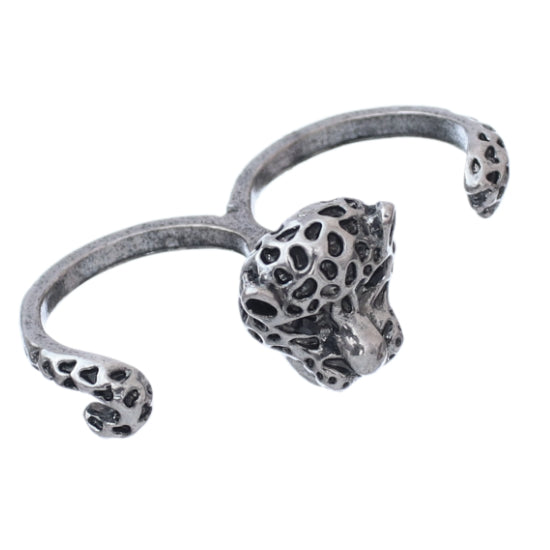 Silver Black Cheetah Face Double Cuff Finger Ring