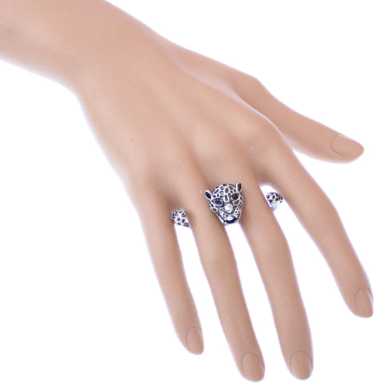 Silver Black Cheetah Face Double Cuff Finger Ring