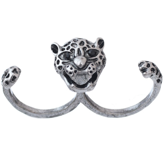 Silver Black Cheetah Face Double Cuff Finger Ring