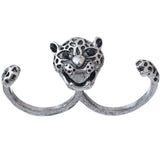 Silver Black Cheetah Face Double Cuff Finger Ring