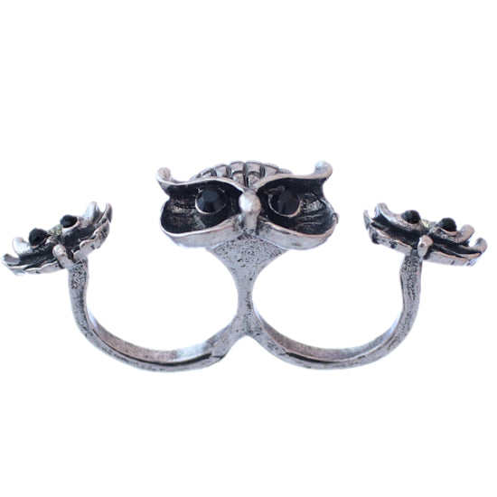 Silver Black Hoot Owl Double Cuff Finger Ring