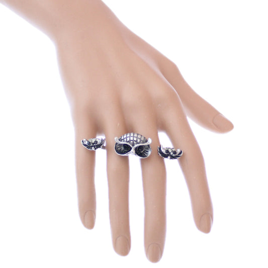 Silver Black Hoot Owl Double Cuff Finger Ring