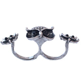 Silver Black Hoot Owl Double Cuff Finger Ring