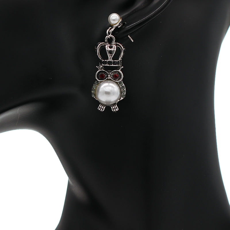 Silver Faux Pearl Owl Crown Dangle Earrings