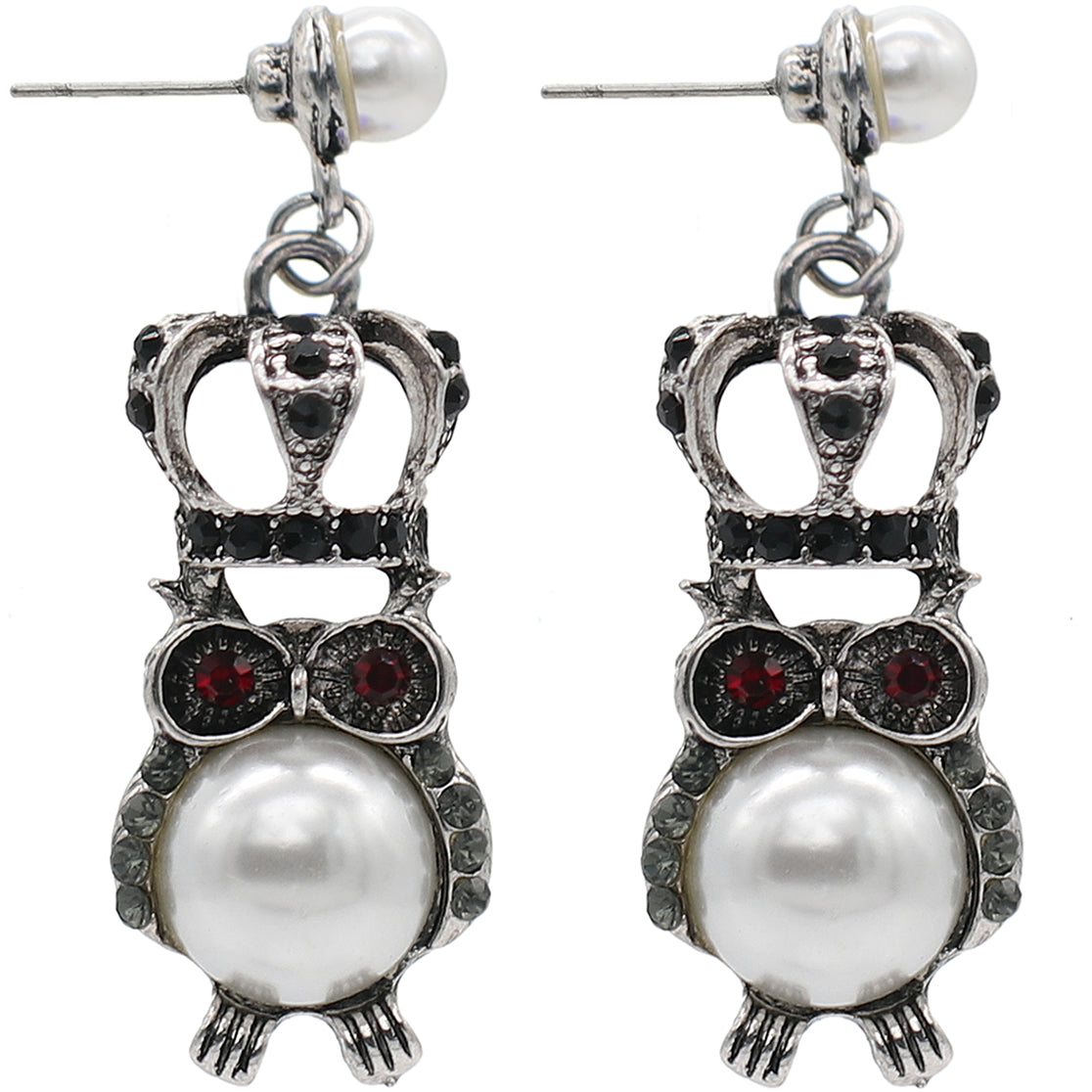 Silver Faux Pearl Owl Crown Dangle Earrings