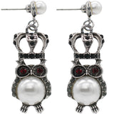 Silver Faux Pearl Owl Crown Dangle Earrings