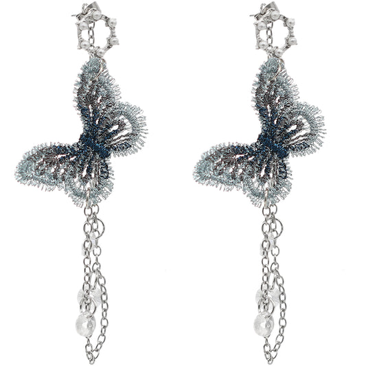 Silver Butterfly Drop Chain Dangle Earrings