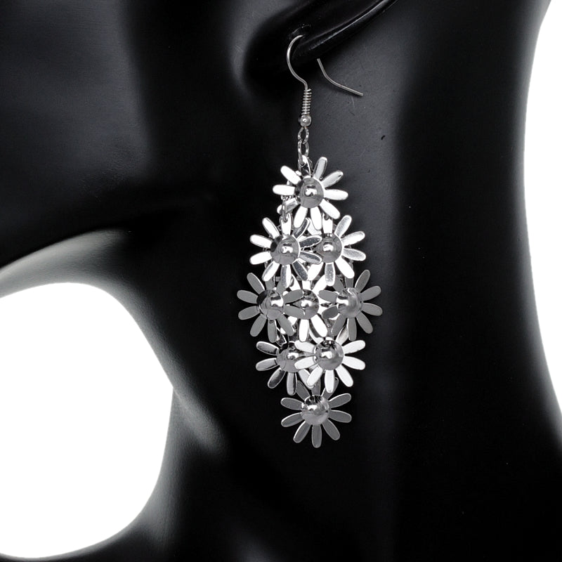 Silver Cascade Daisy Flower Dangle Earrings