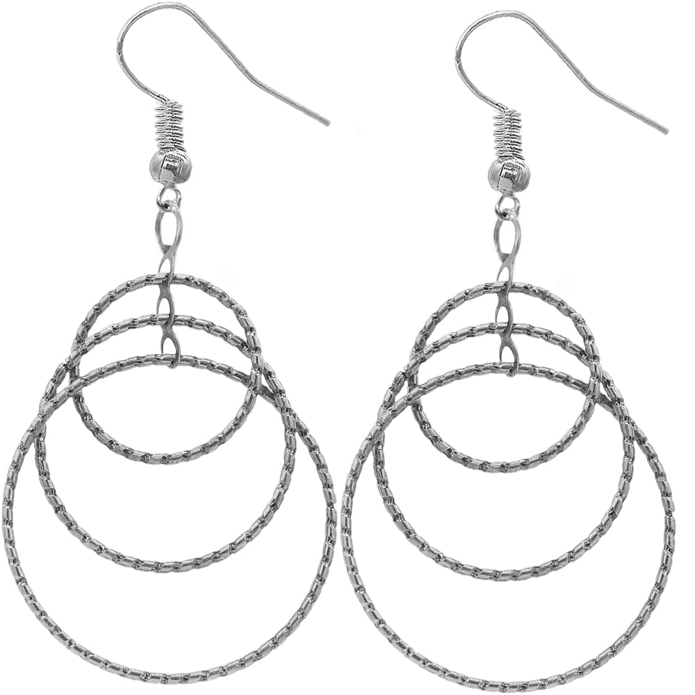 Silver Cascade Triple Hoop Dangle Earrings