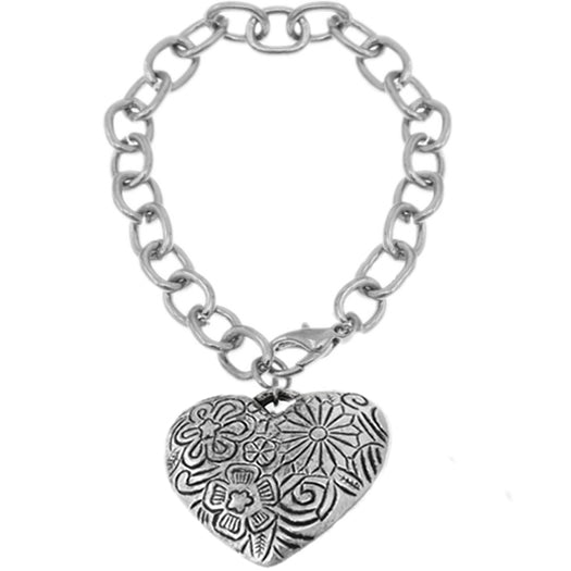 Silver Flower Heart Charm Chain Bracelet