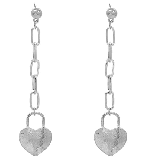 Silver Heart Chain Link Drop Earrings
