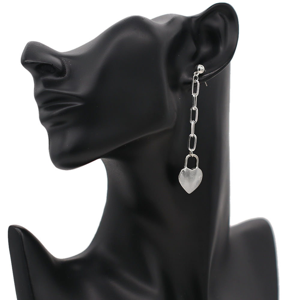 Silver Heart Chain Link Drop Earrings