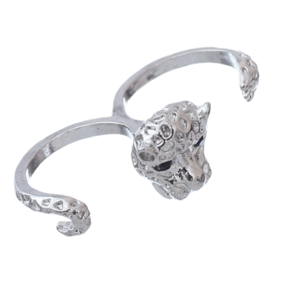 Silver Cheetah Face Double Cuff Finger Ring