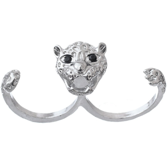 Silver Cheetah Face Double Cuff Finger Ring