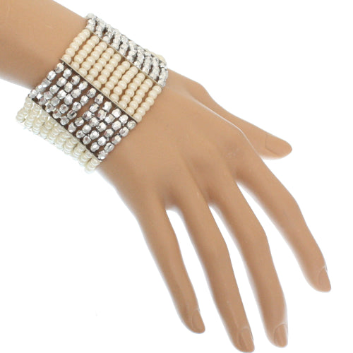 Silver Cream Beaded Stretch Bracelet