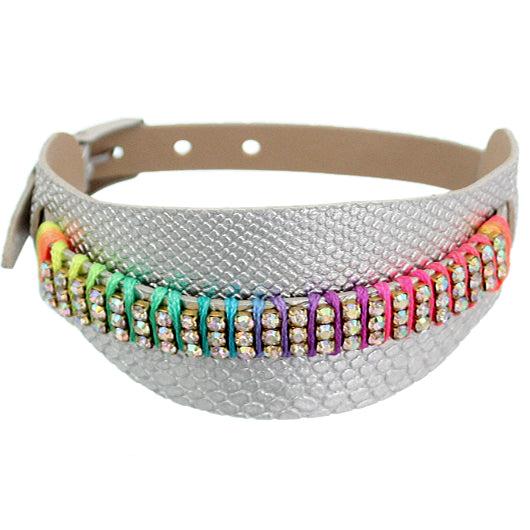 Silver Embossed Faux Leather Rhinestone Buckle Bracelet