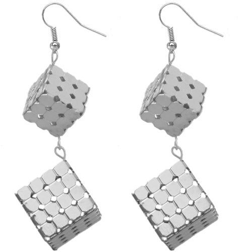 Silver Geometric Cuboid Dice Dangle Earrings