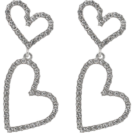 Silver Double Heart Rhinestone Dangle Earrings