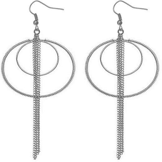 Silver Double Hoop Drop Chain Earrings