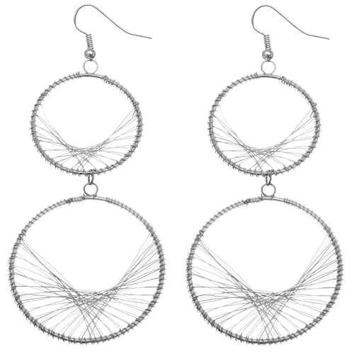 Silver Spiraled Wirework Double Hoop Dangle Earrings
