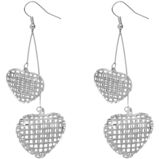 Silver Long Double Heart Drop Earrings