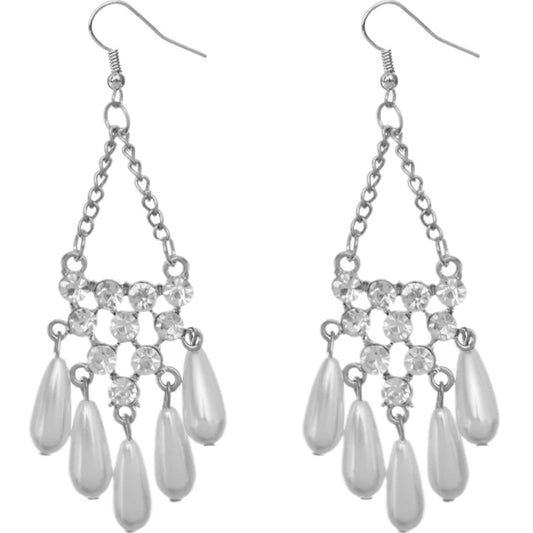 Silver Faux Pearl Gemstone Chain Earrings