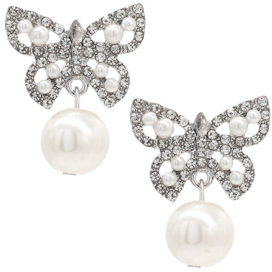 Silver Butterfly Faux Pearl Elegant Earrings
