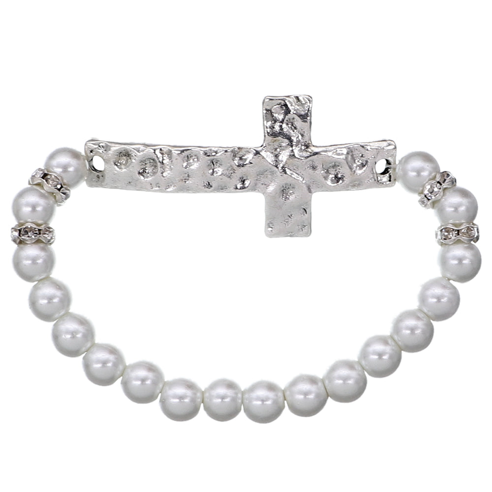 Silver Faux Pearl Cross Stretch Bracelet