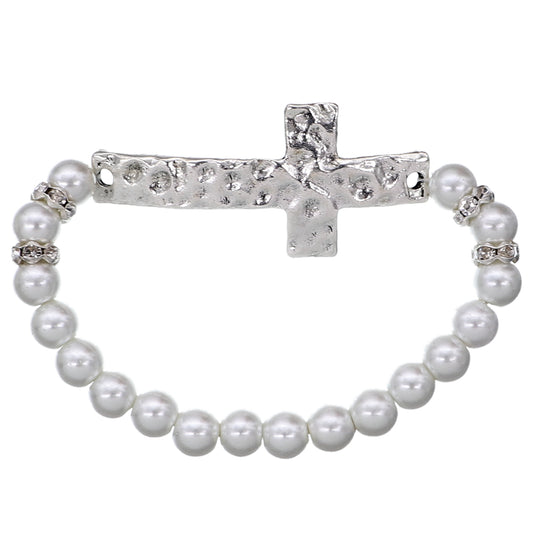 Silver Faux Pearl Cross Stretch Bracelet