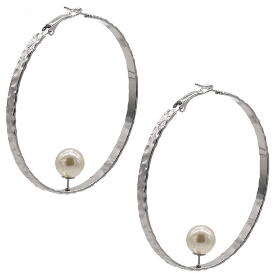 Silver Faux Pearl Hammered Hoop Earrings