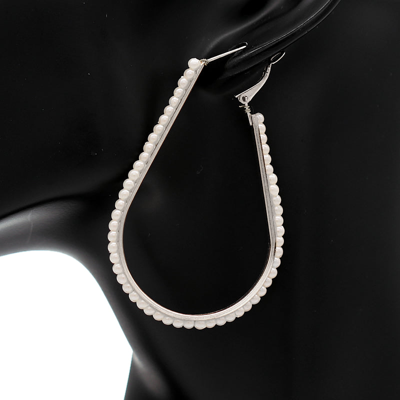 Silver Faux Pearl Teardrop Hoop Earrings