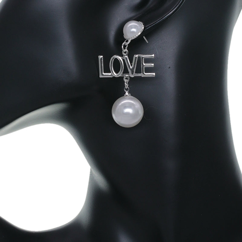 Silver Faux Pearl Love Dangle Earrings