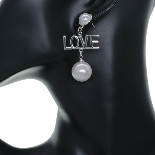 Silver Faux Pearl Love Dangle Earrings