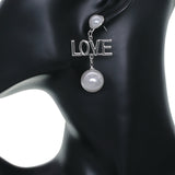Silver Faux Pearl Love Dangle Earrings