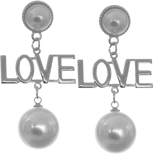 Silver Faux Pearl Love Dangle Earrings