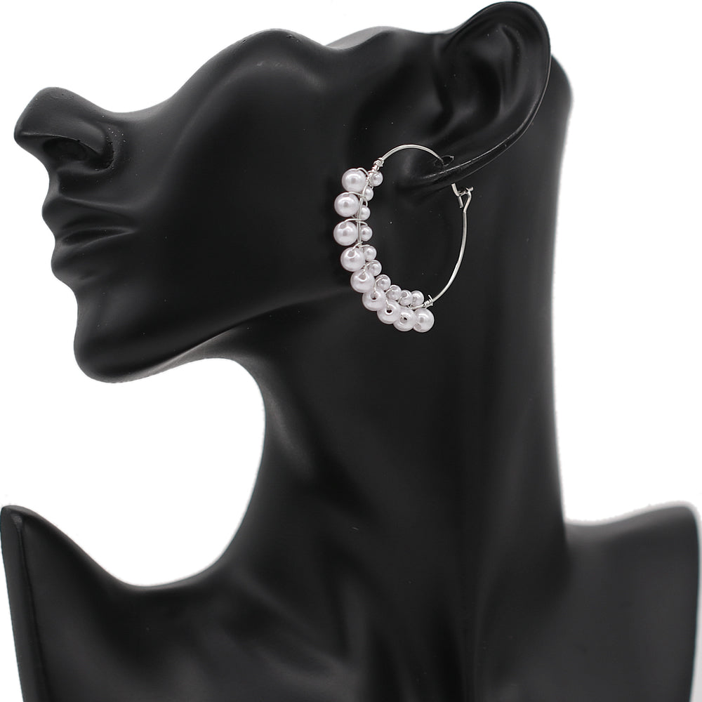 Silver Faux Pearl Wire Hoop Earrings