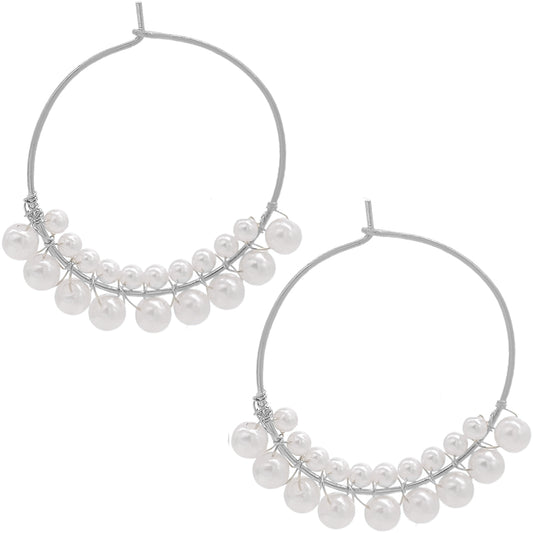 Silver Faux Pearl Wire Hoop Earrings