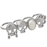 Silver Faux Pearl Four Finger Skull Knuckle Ring
